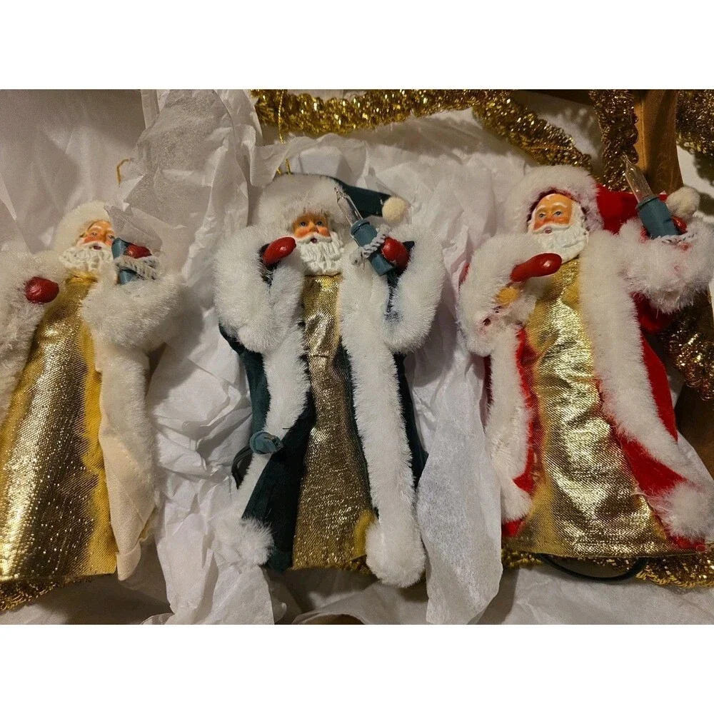 Vintage Christmas Ornament Set of 4 Santa Angel Fabric Faux Fur Gold Hanging
